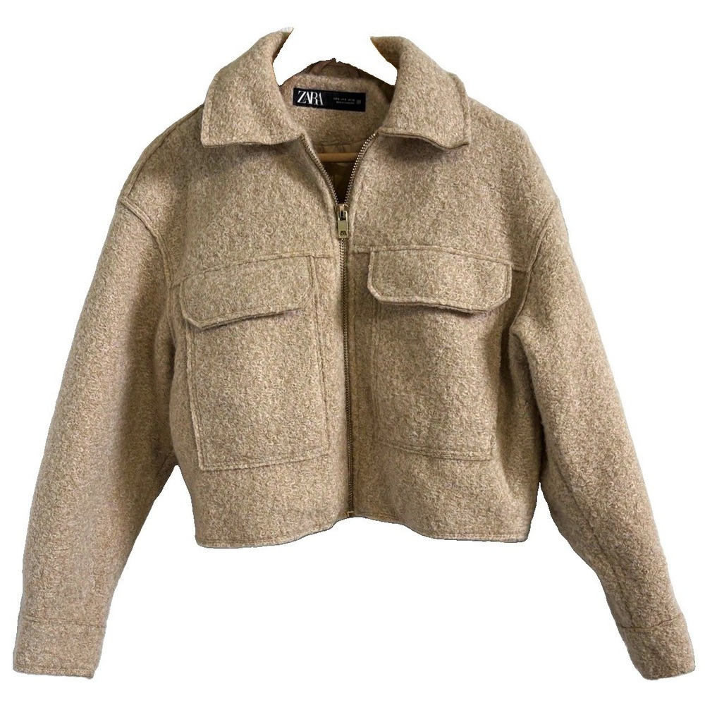 Zara Boucle Bomber Beige Lined Full Zip Flap Pocket Short Jacket Women's Size S